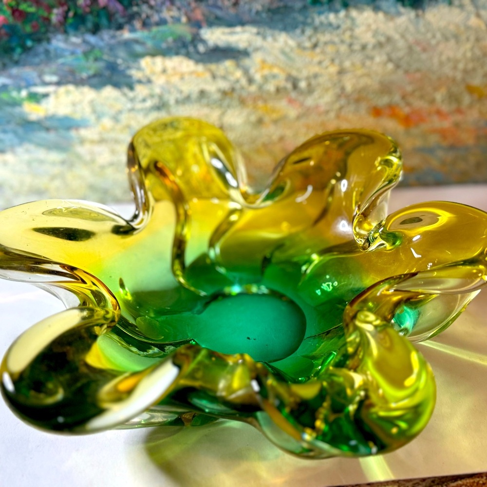 Sanyu Organic Gradient Art Glass Bowl Ashtray Green Amber Mid Century Modern